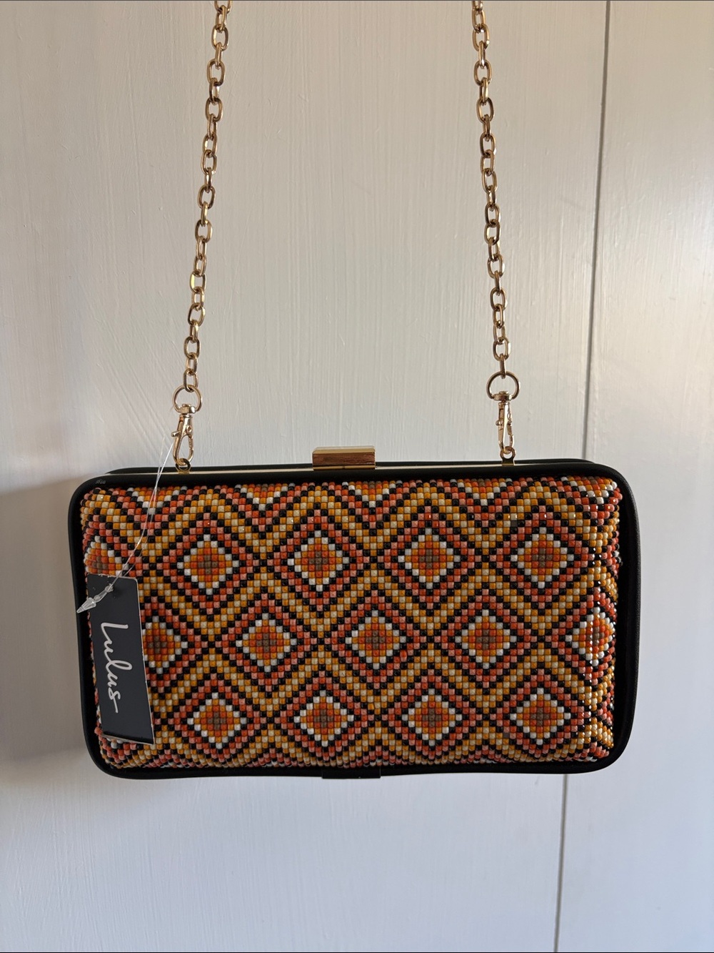 NWT Lulu's Beaded Diamond-Pattern Clutch in Orange, Black & Gold